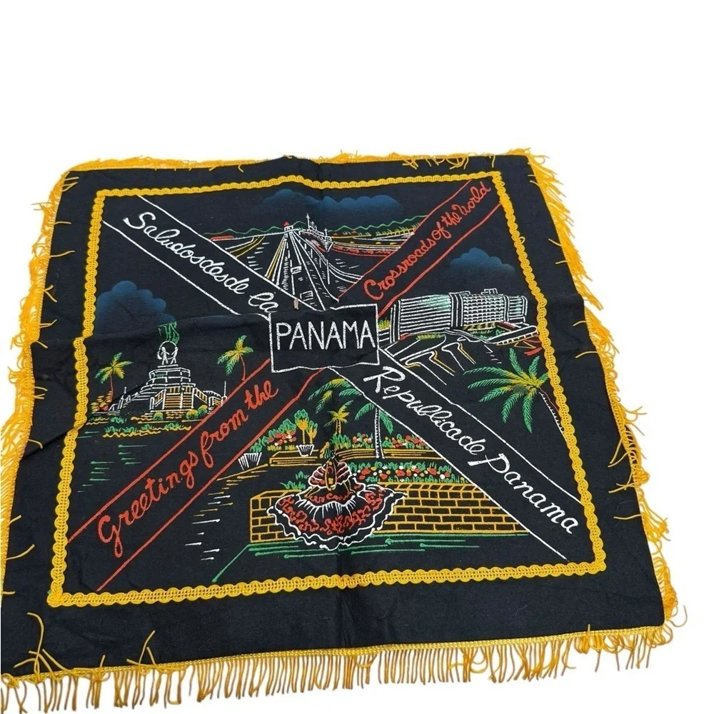 Panama Souvenir pillow cover  with Yellow Fringe 50s vintage